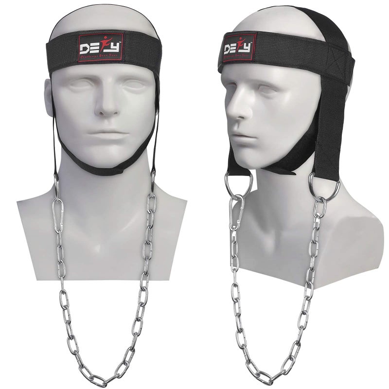 DEFY Challenge Your Fear DEFY Neck Harness, Weight Lifting Neck Exerciser - Workout Equipment for Head, Neck Strengthener for Gym Training â€“ Head Exercise for Men Women - Nylon Adjustable Straps with Metal Chain (Black) - Image 1